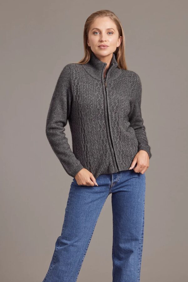 possum fur merino wool knitwear cable zip jacket