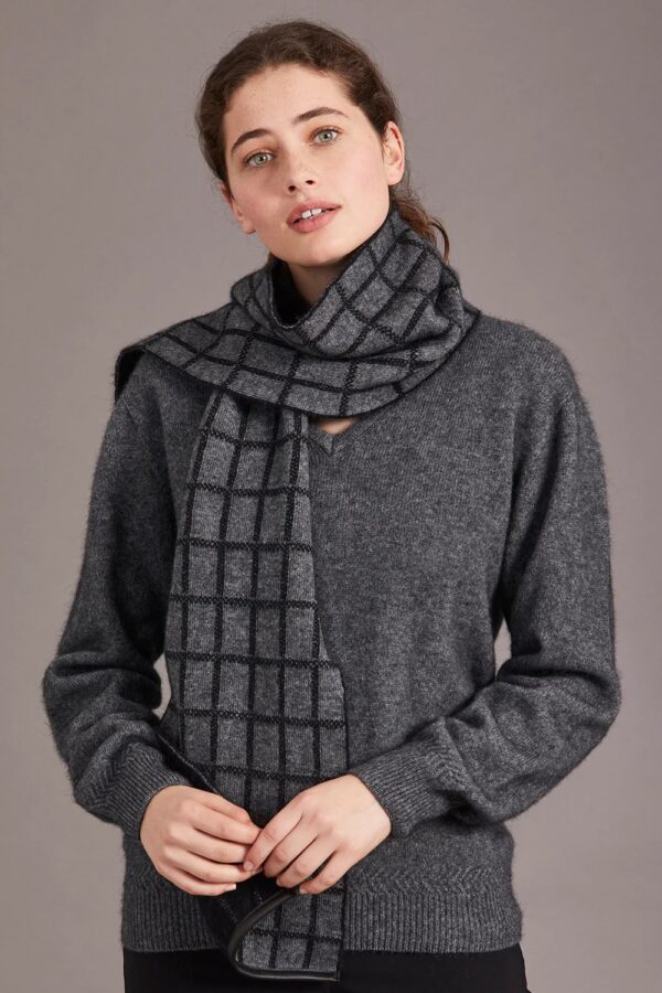 merino check scarf with lambskin leather trim