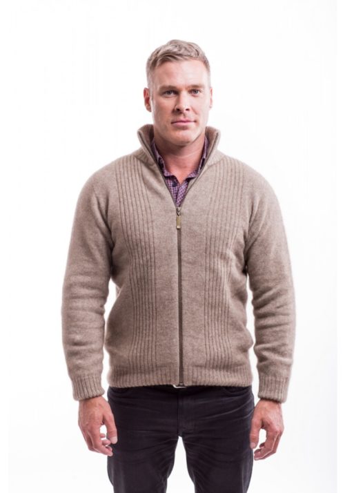 possum fur merino wool knitwear rib front jacket men mocha 1
