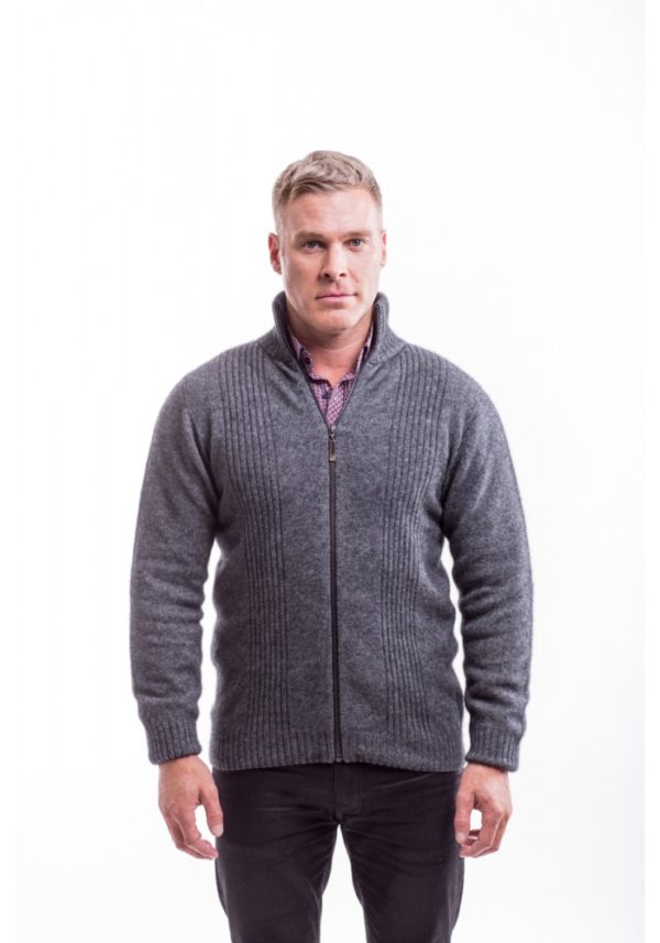 possum fur merino wool knitwear rib front jacket men pewter 1
